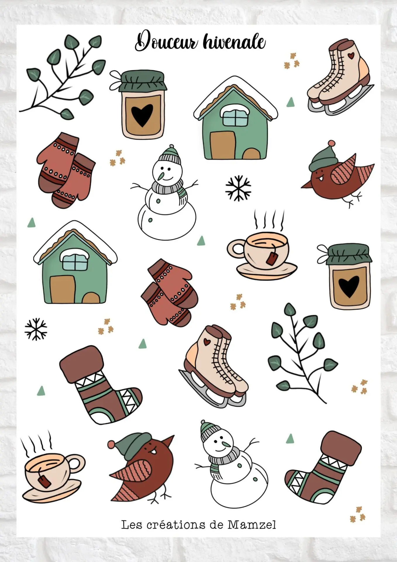 Vente planche de stickers pour enfants / ados - Boutique en ligne - Création française - Douceur hivernale