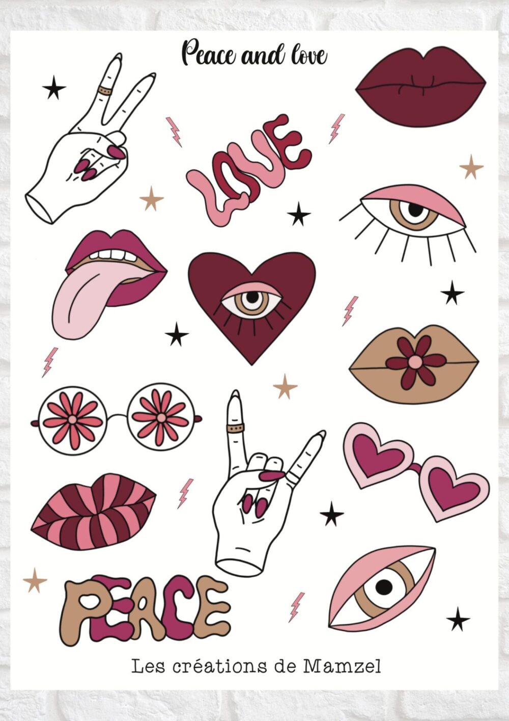 Vente planche de stickers - Peace and love - Stickers amour love - stickers saint valentin - boutique en ligne stickers