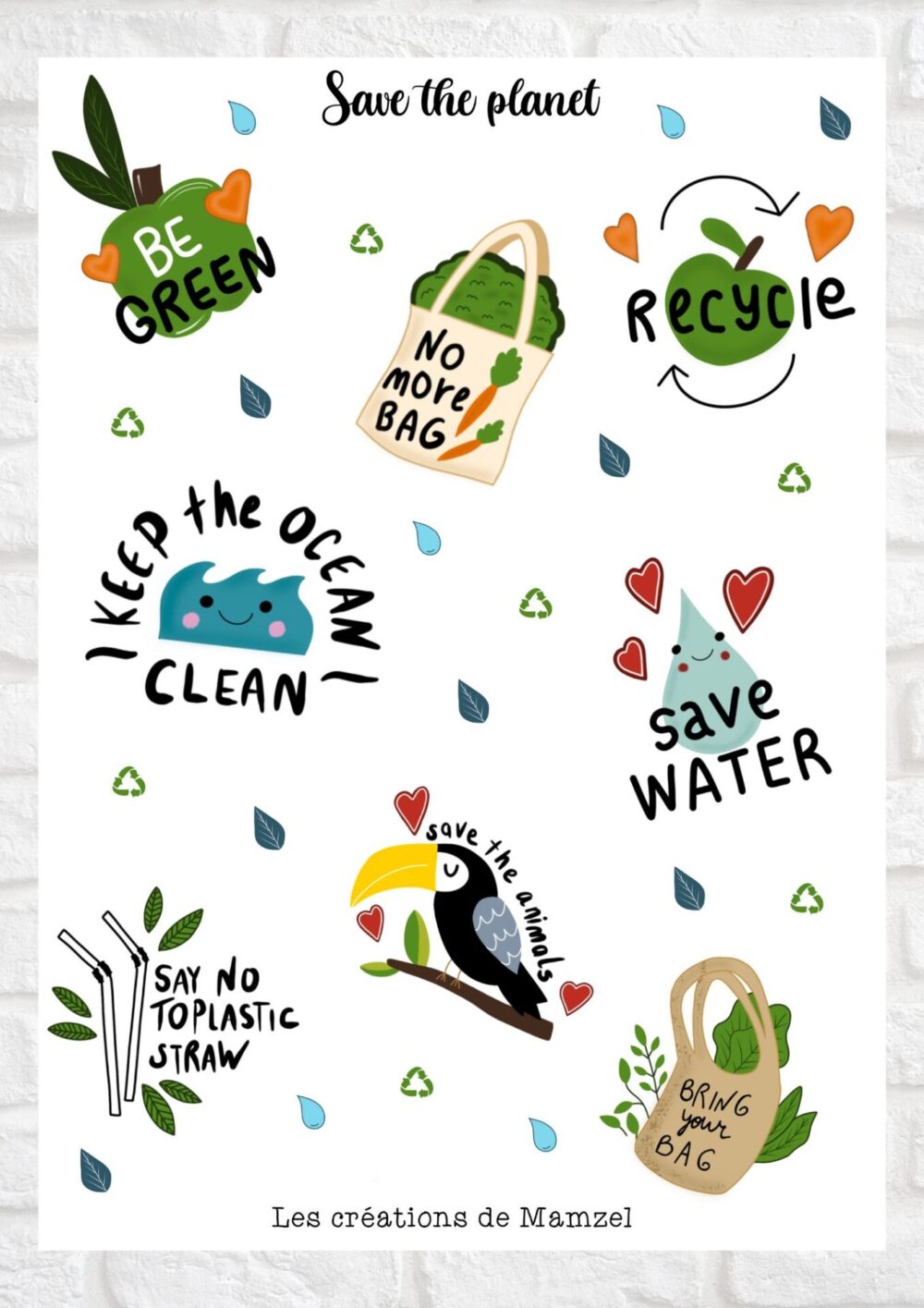 Vente planche de stickers pour enfants / ados - Boutique en ligne - Création française - Save the planet