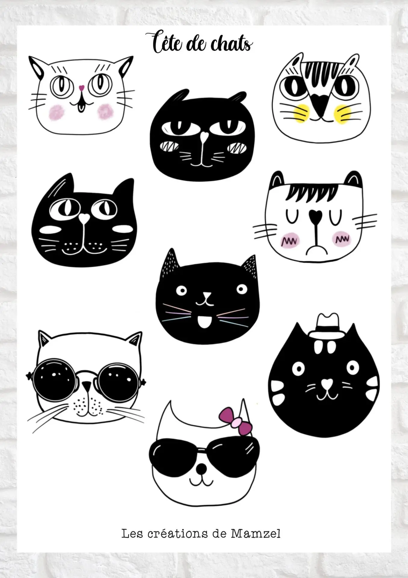 Vente planche de stickers pour enfants / ados - Boutique en ligne - Création française - Tête de chats