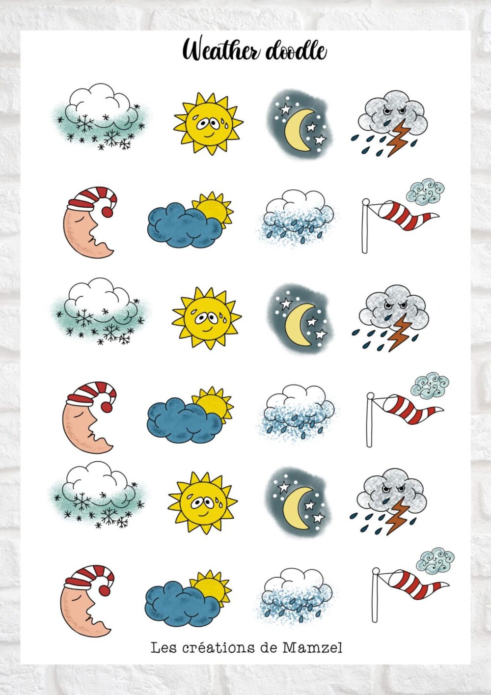 Vente planche de stickers pour enfants / ados - Boutique en ligne - Création française - Weather doodle sticker temps météo