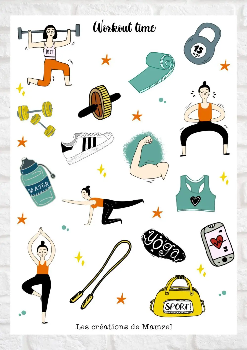 Vente planche de stickers pour enfants / ados - Boutique en ligne - Création française - Workout time sport