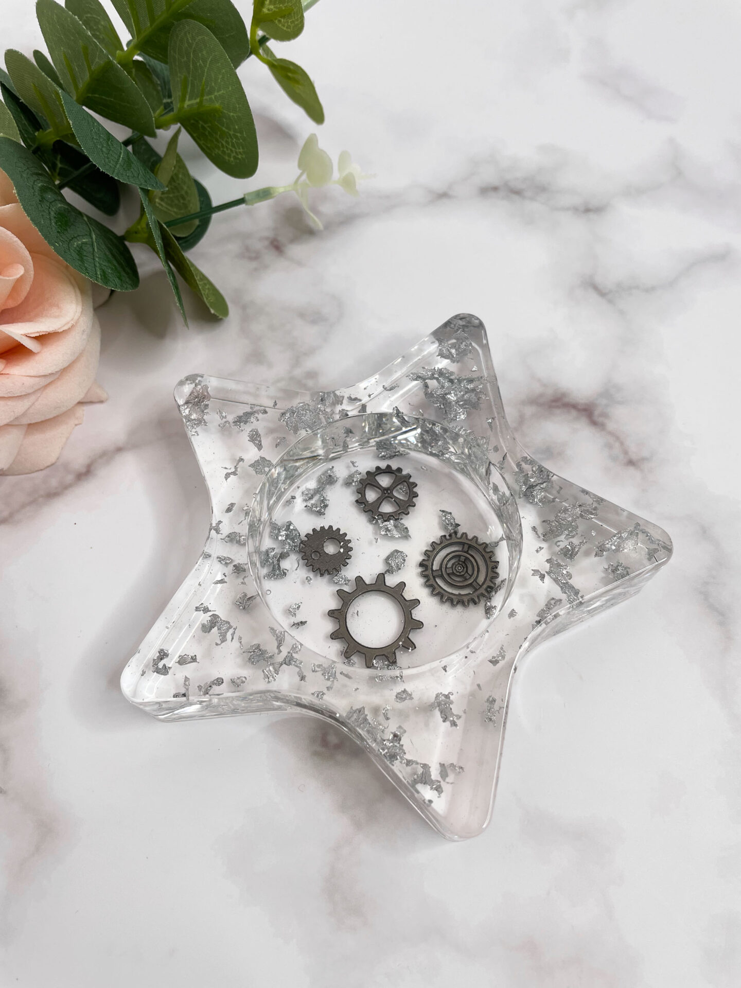 Bougeoir étoile transparent feuille argent engrenages - Boutique en ligne d'idées cadeau et de décoration