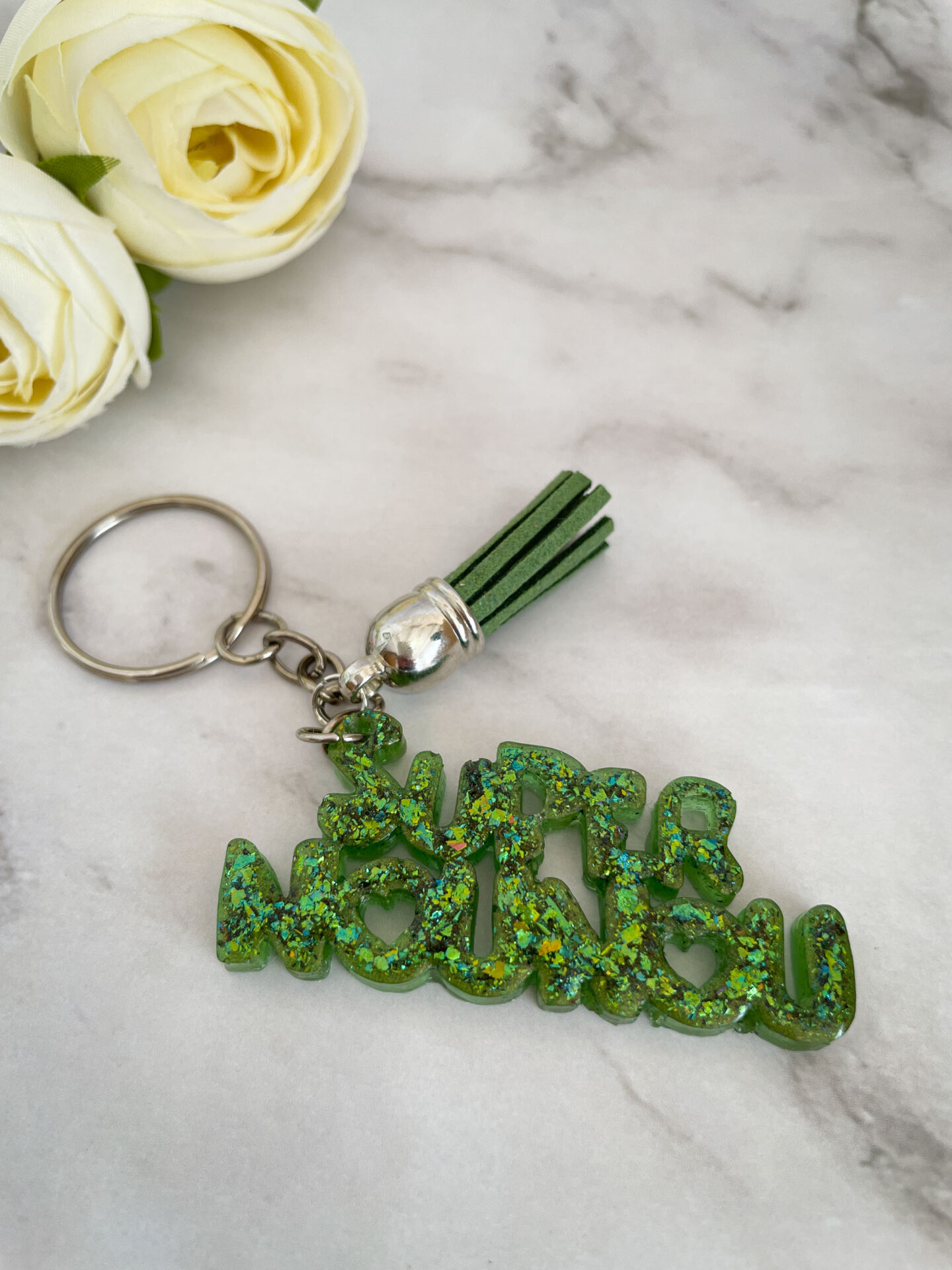 Porte clé mot - Super nounou vert paillette - Boutique en ligne d'idées cadeau et de décoration
