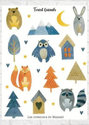 Vente planche de stickers pour enfants / ados - Boutique en ligne - Création française - Forest friends