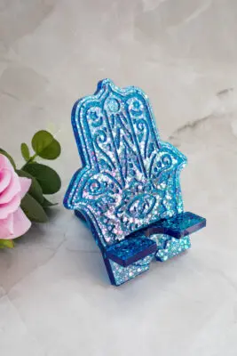 Support Téléphone main de Fatima rose bleu holographique - Doré paillette - Boutique en ligne d'idées cadeau et de décoration - anniversaire - fêtes des mères - fêtes des pères - fêtes de fin d'année - idées cadeaux