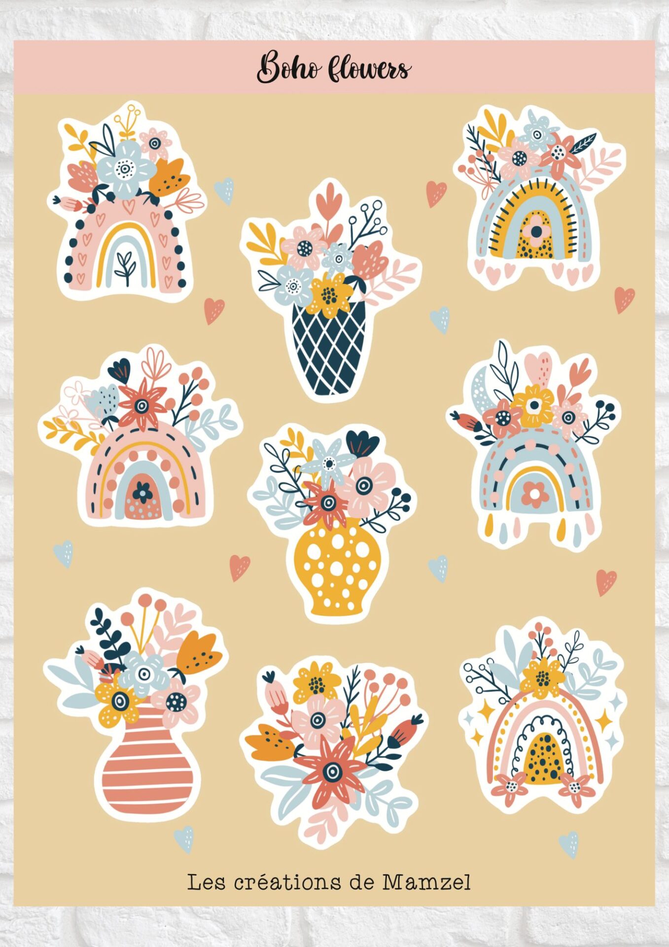 Vente planche de stickers pour enfants / ados - Boutique en ligne - Création française - Boho flowers
