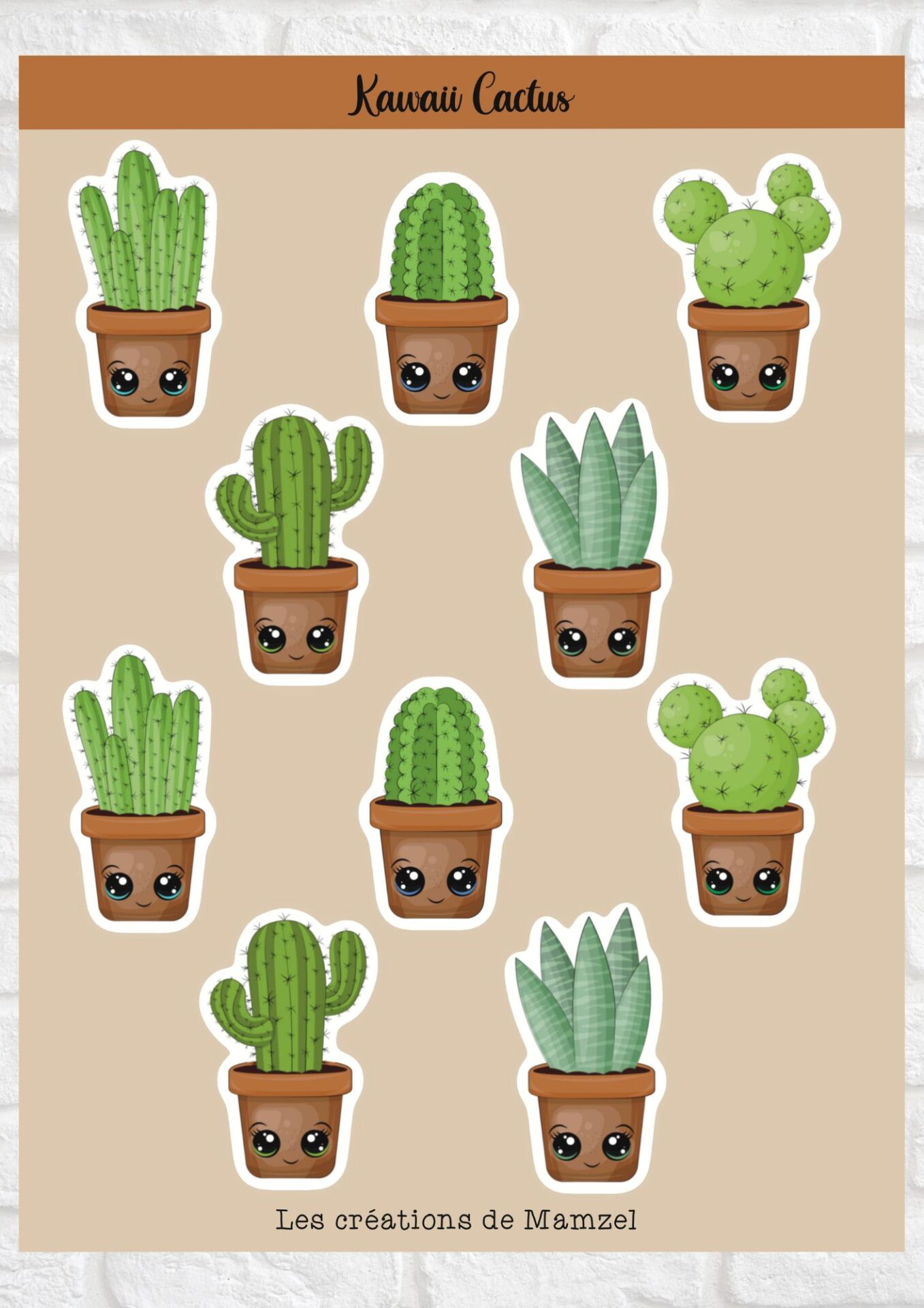 Vente planche de stickers pour enfants / ados - Boutique en ligne - Création française - Kawaii cactus