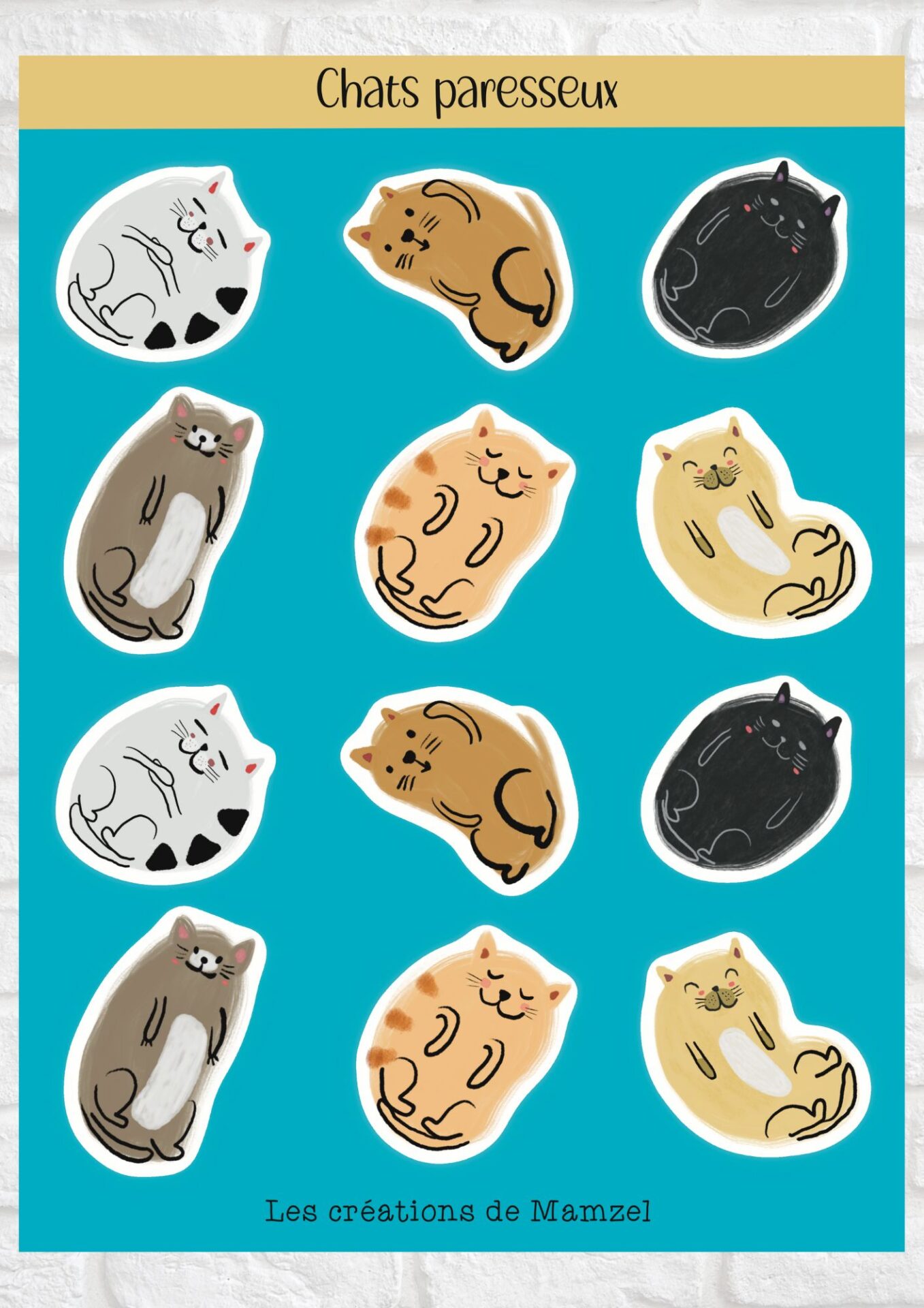 Vente planche de stickers pour enfants / ados - Boutique en ligne de stickers pour enfants - Création française - Chats paresseux