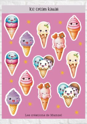 Vente planche de stickers pour enfants / ados - Boutique en ligne de stickers pour enfants - Création française - Ice cream Kawaii