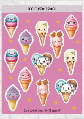 Vente planche de stickers pour enfants / ados - Boutique en ligne de stickers pour enfants - Création française - Ice cream Kawaii