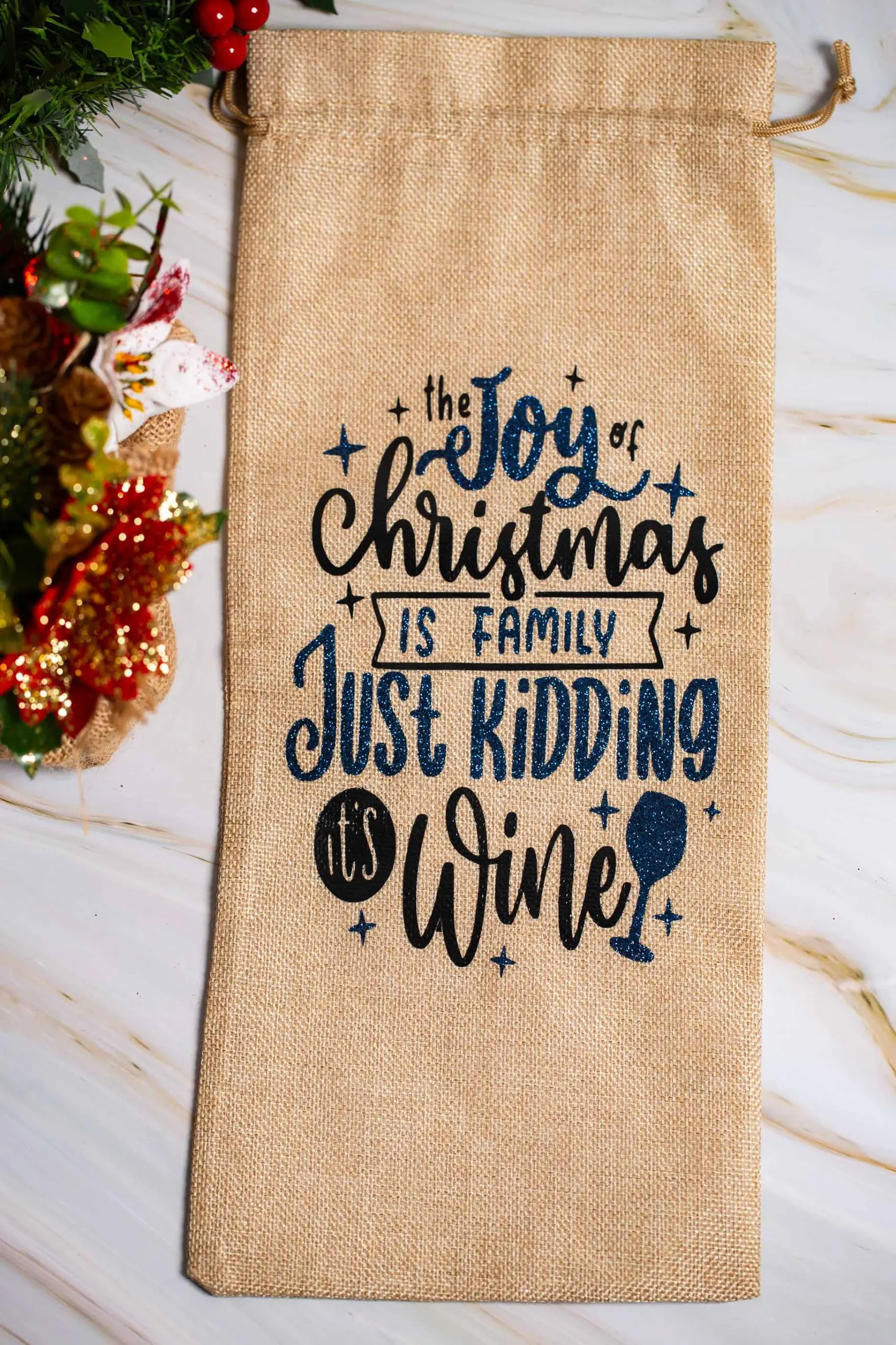 Sac à vin pour Noël - Bleu - Emballage bouteilles pour Noël en toile de jute avec cordon de serrage - - Boutique en ligne d'idées cadeaux pour les fêtes de Noël et de décoration pour les fêtes de fin d'année.