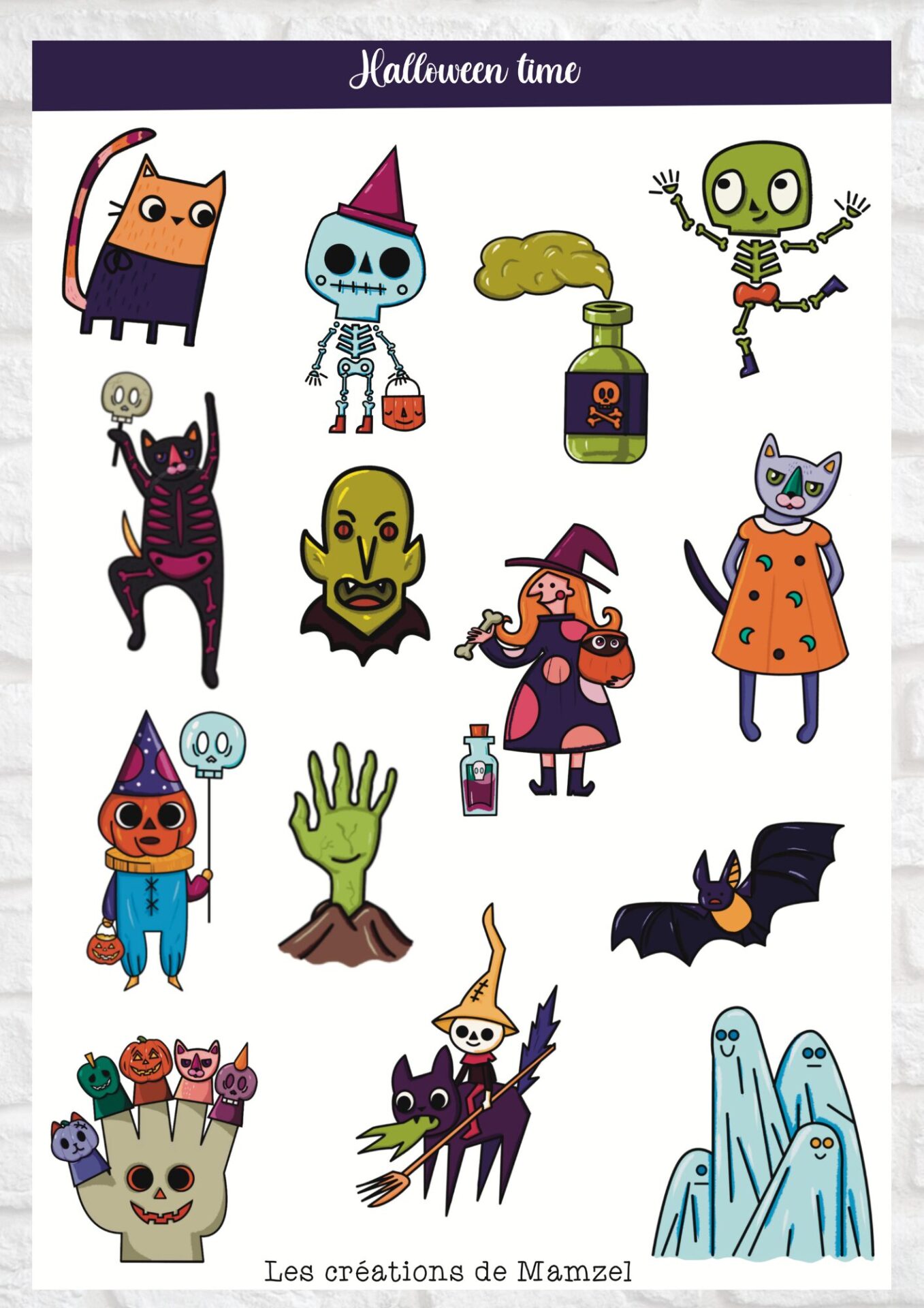 Vente planche de stickers pour enfants / ados - Boutique en ligne de stickers pour enfants - Création française - Chats d'Halloween - stickers halloween - autocollant halloween - gommettes halloween planche de stickers